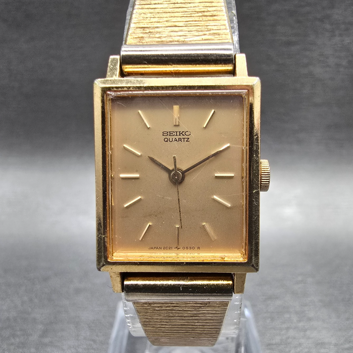 Seiko Tank Watch Women 18mm Gold Dial Gold Tone Rectangle 2C21-5190 New Battery0