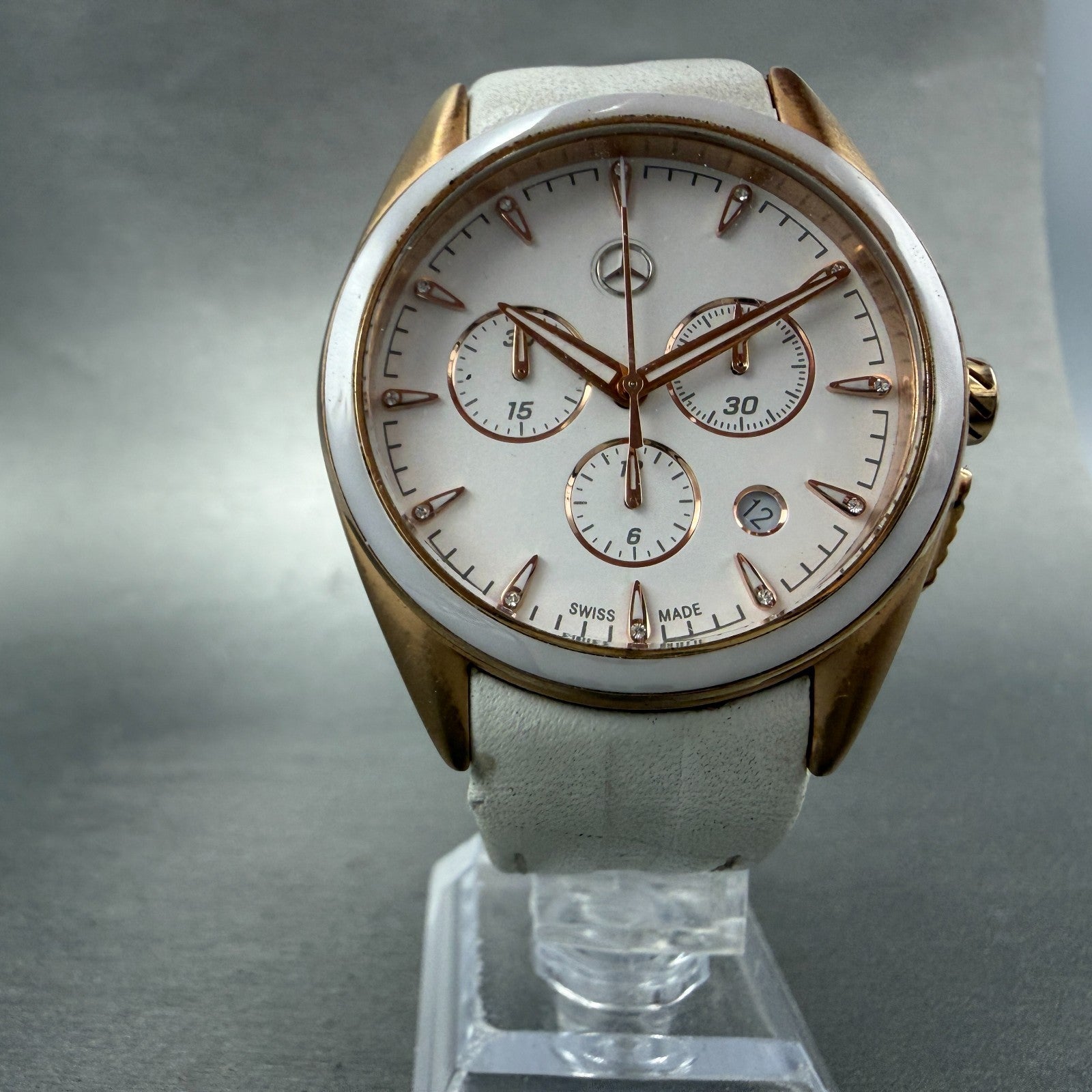 Mercedes-Benz Chronograph Watch Women 39mm White Dial Rose Gold Tone Date NewBat5