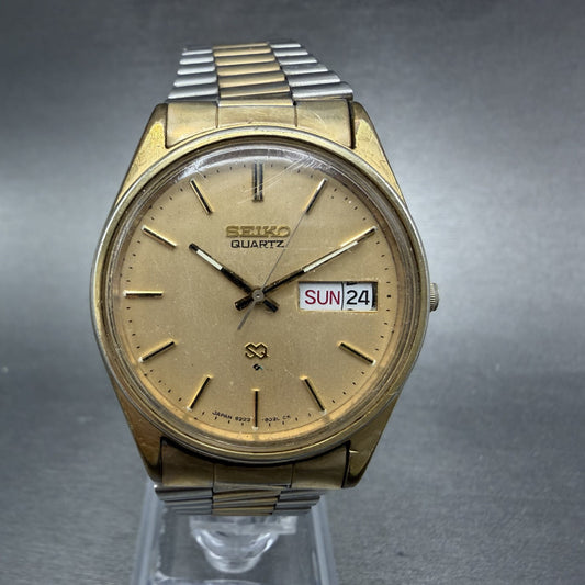 Seiko SQ Watch Men 35mm Gold Dial Two Tone Daydate Round 8223-8019 New Battery O0