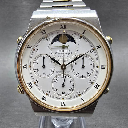 Seiko Chronograph Moon Phase Watch Men 39mm White Dial Two Tone Date New Battery0
