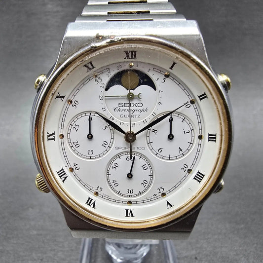 Seiko Chronograph Moon Phase Watch Men 39mm White Dial Two Tone Date New Battery0