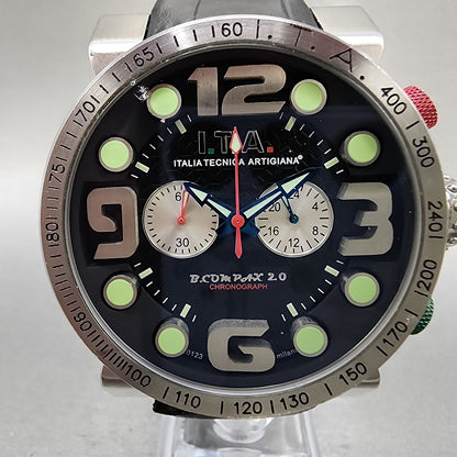ITA Orologio B.Compax 2.0 Watch Men 47mm Black Dial Silver Tone Chrono New Batt1
