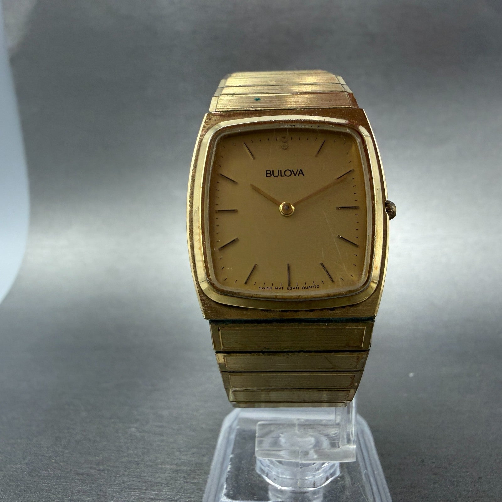 Bulova Tank Watch Men 27mm Gold Dial Gold Tone Rectangle 92V11 Vintage PARTS6
