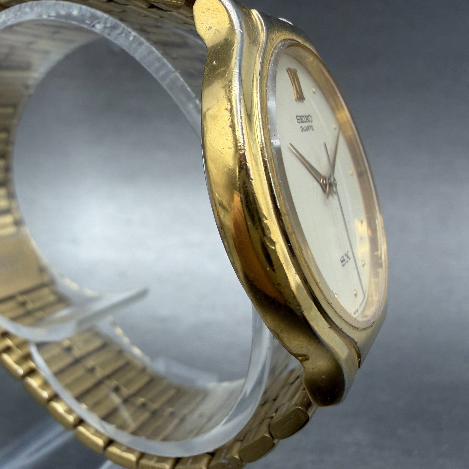 Seiko SX Watch Men 34mm Cream Dial Gold Tone Round Vinatge V701-6K00 New Battery3