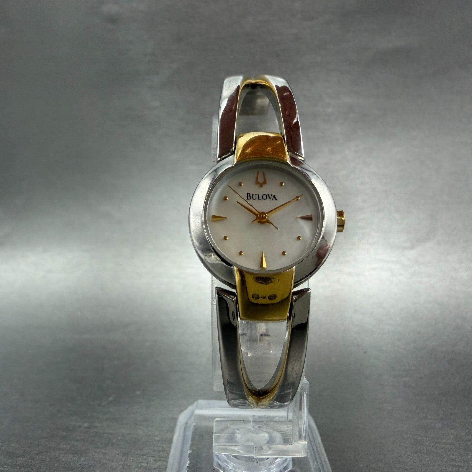 Bulova Watch Women 22mm MOP Dial Two Tone Round 98T80 Bangle New Battery JKLASD5
