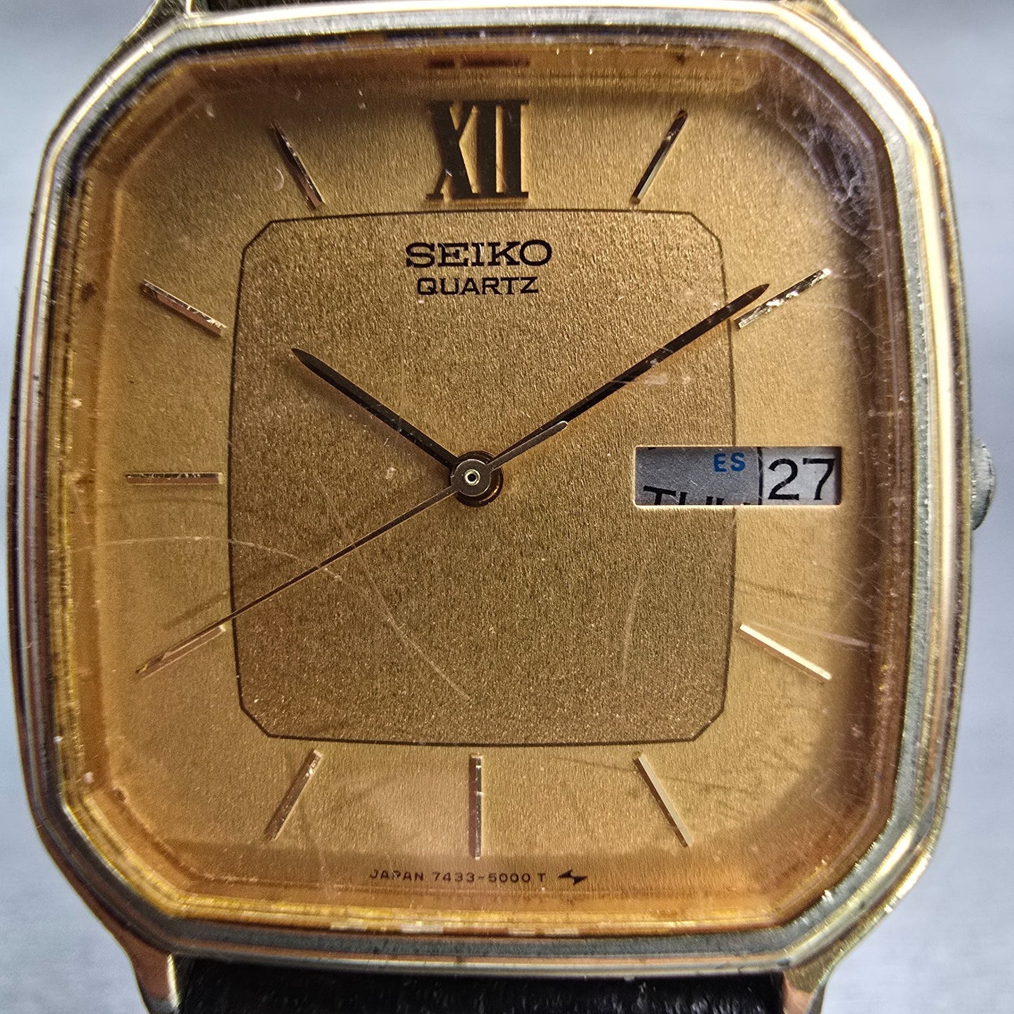 Seiko Watch Men 30mm Gold Dial Gold Tone Rectangle 7433-5009 READ!!! New Battery1