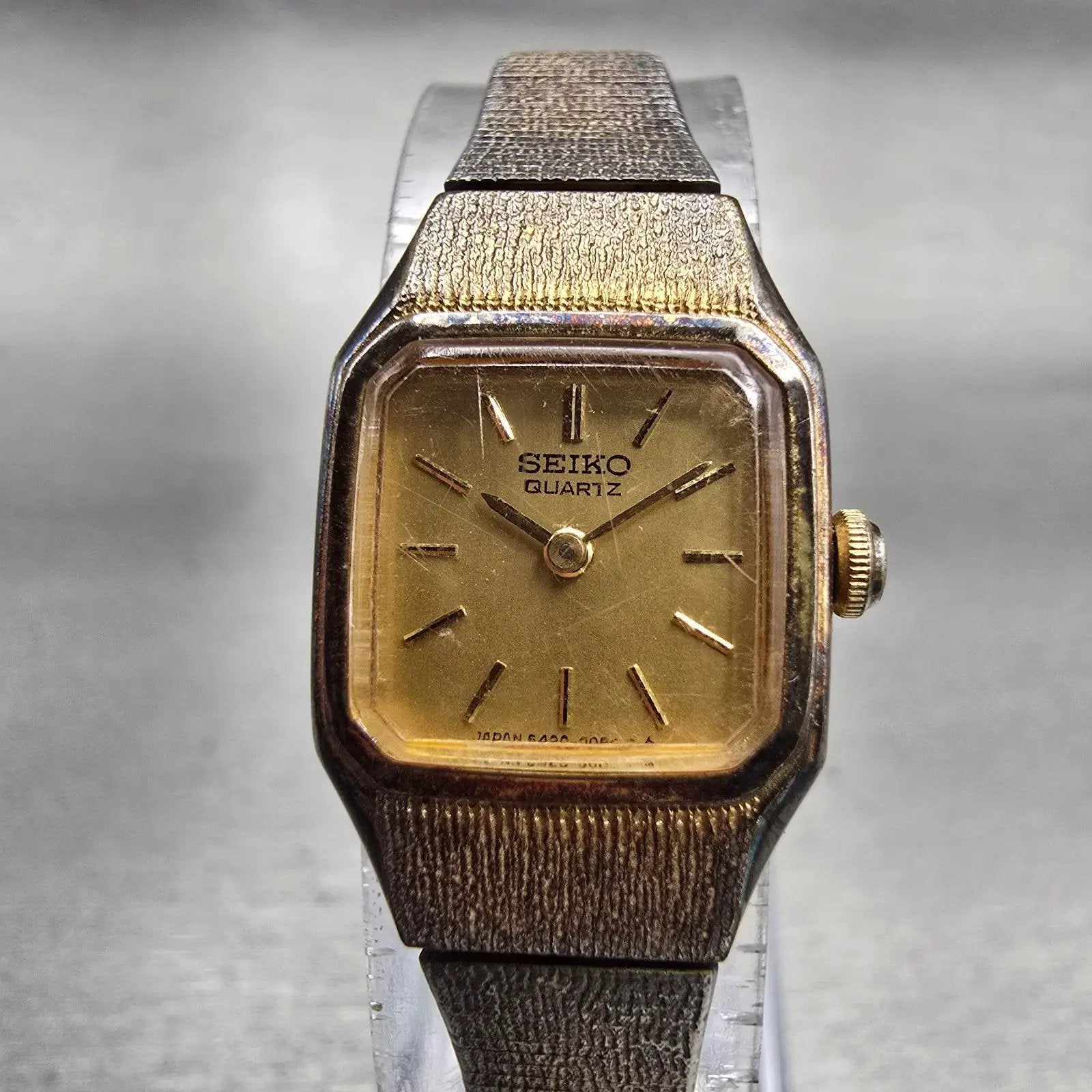 Seiko Watch Women 17mm Gold Dial Gold Tone Rectangle 5420-5010 New Battery VTG0