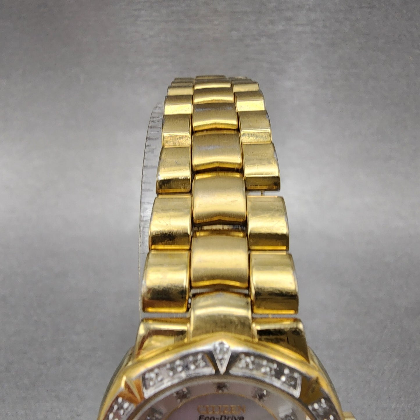 Citizen EcoDrive Watch Women 27mm MOP Dial Gold Tone Diamond Bezel Round Works4