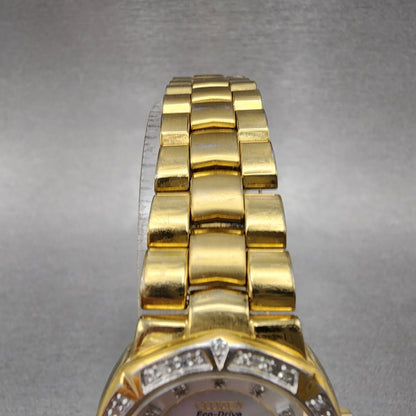 Citizen EcoDrive Watch Women 27mm MOP Dial Gold Tone Diamond Bezel Round Works4