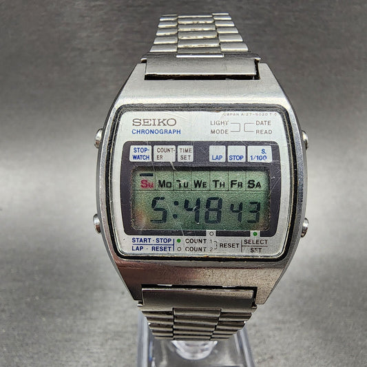 Seiko Digital Watch Men 34mm Steel Chronograph A127-5029 New Battery