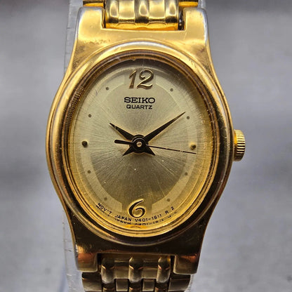 Seiko Watch Women 17mm Gold Dial Gold Tone Oval V401-5109 New Battery Vintage1