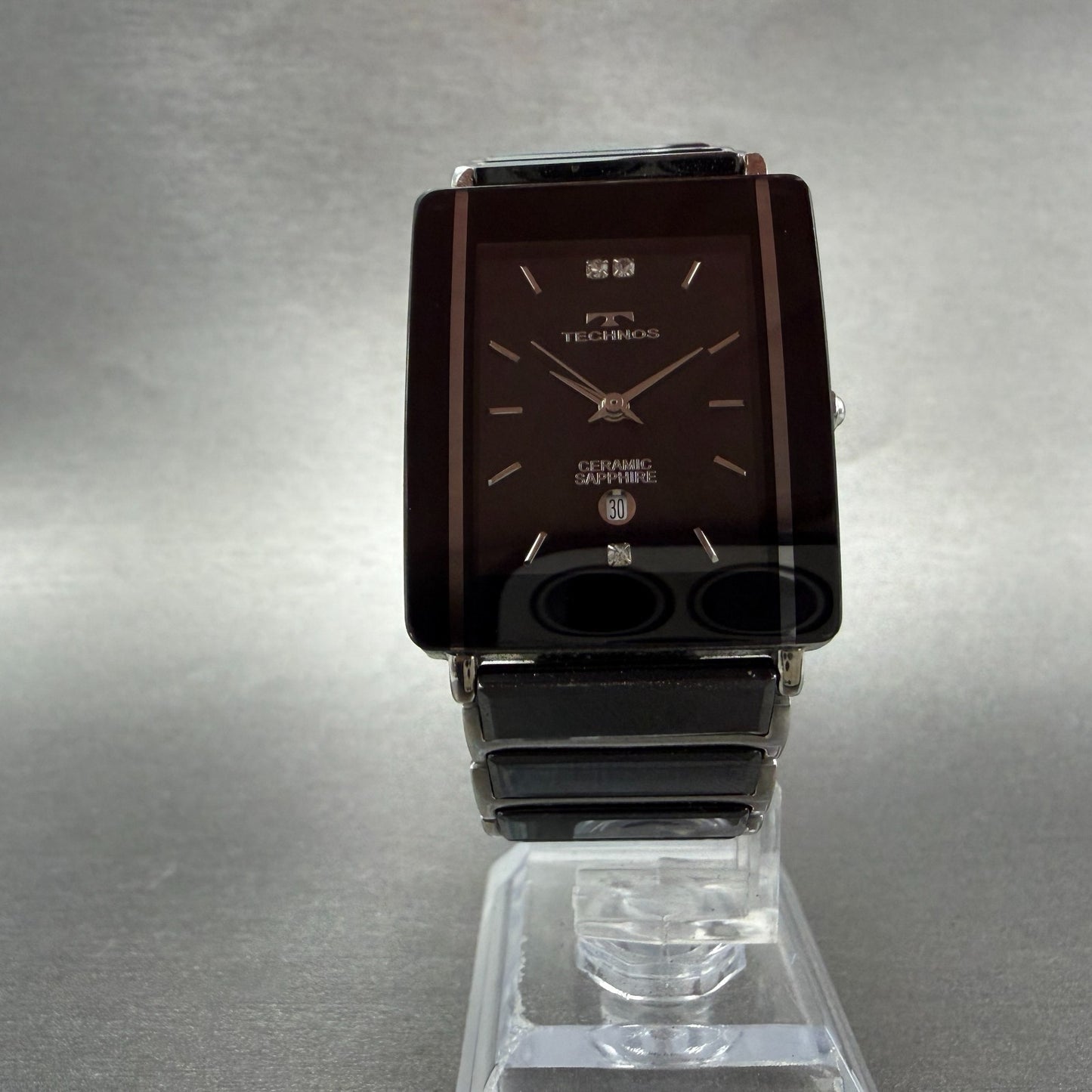 Technos Tank Watch Men 28mm Black Dial Ceramic Steel Date Rectangle New BatteryA5