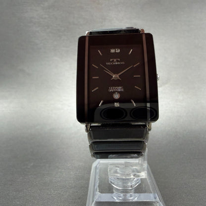 Technos Tank Watch Men 28mm Black Dial Ceramic Steel Date Rectangle New BatteryA5