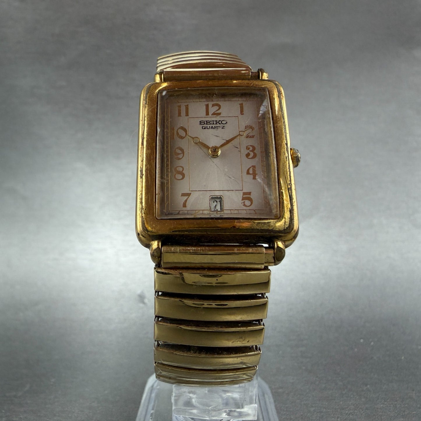 Seiko Tank Watch Men 26mm Champagne Dial Gold Tone Date READ!!! Rectangle NewBat5
