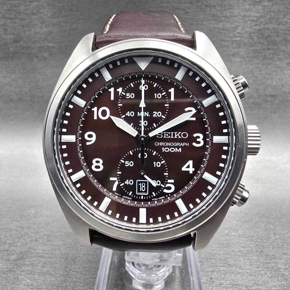 Seiko Chronograph Watch Men 43mm Brown Dial Silver Tone Date 7T94-0BL0 New Batt0