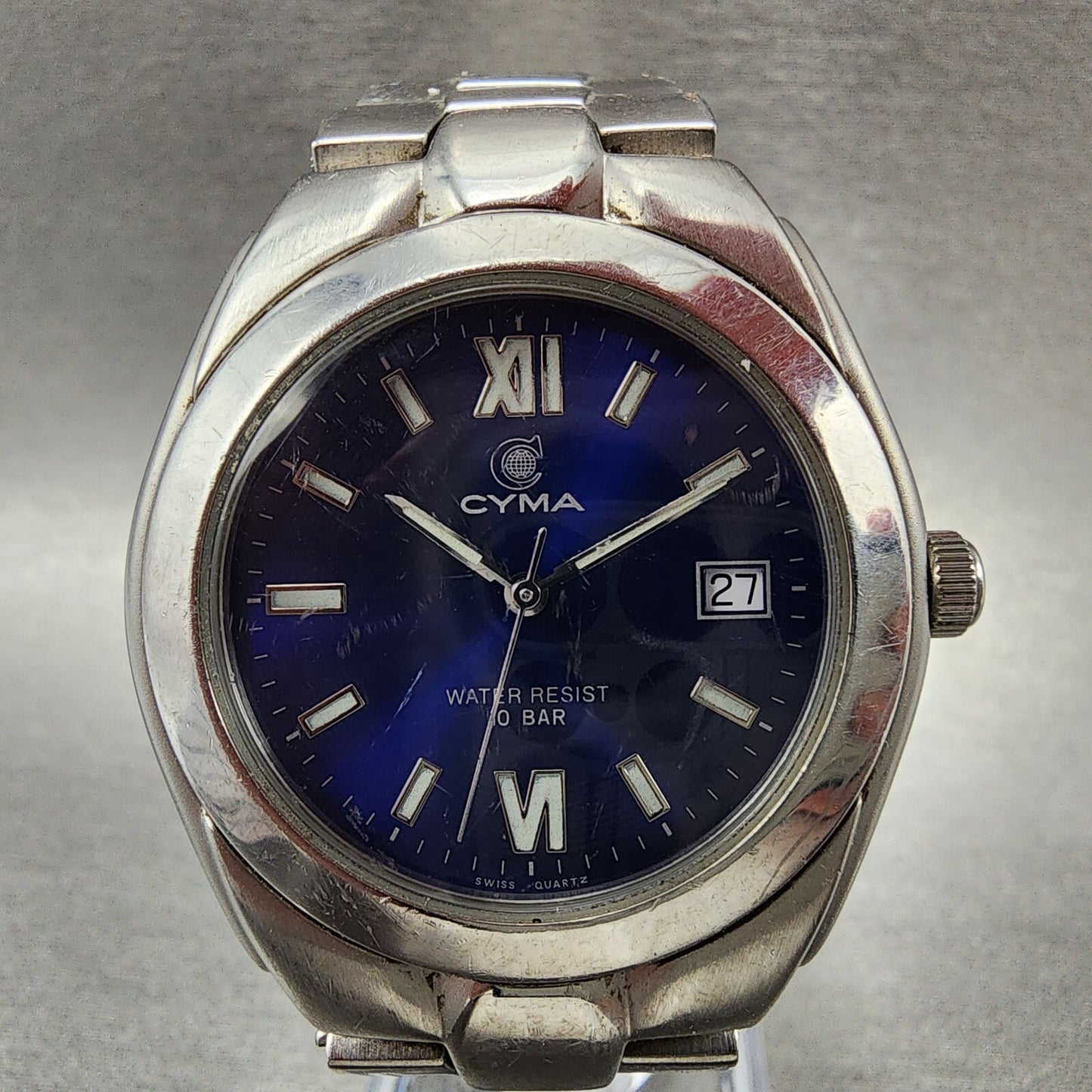 Cyma Watch Men 37mm Blue Dial Stainless Steel Date Round New Battery1