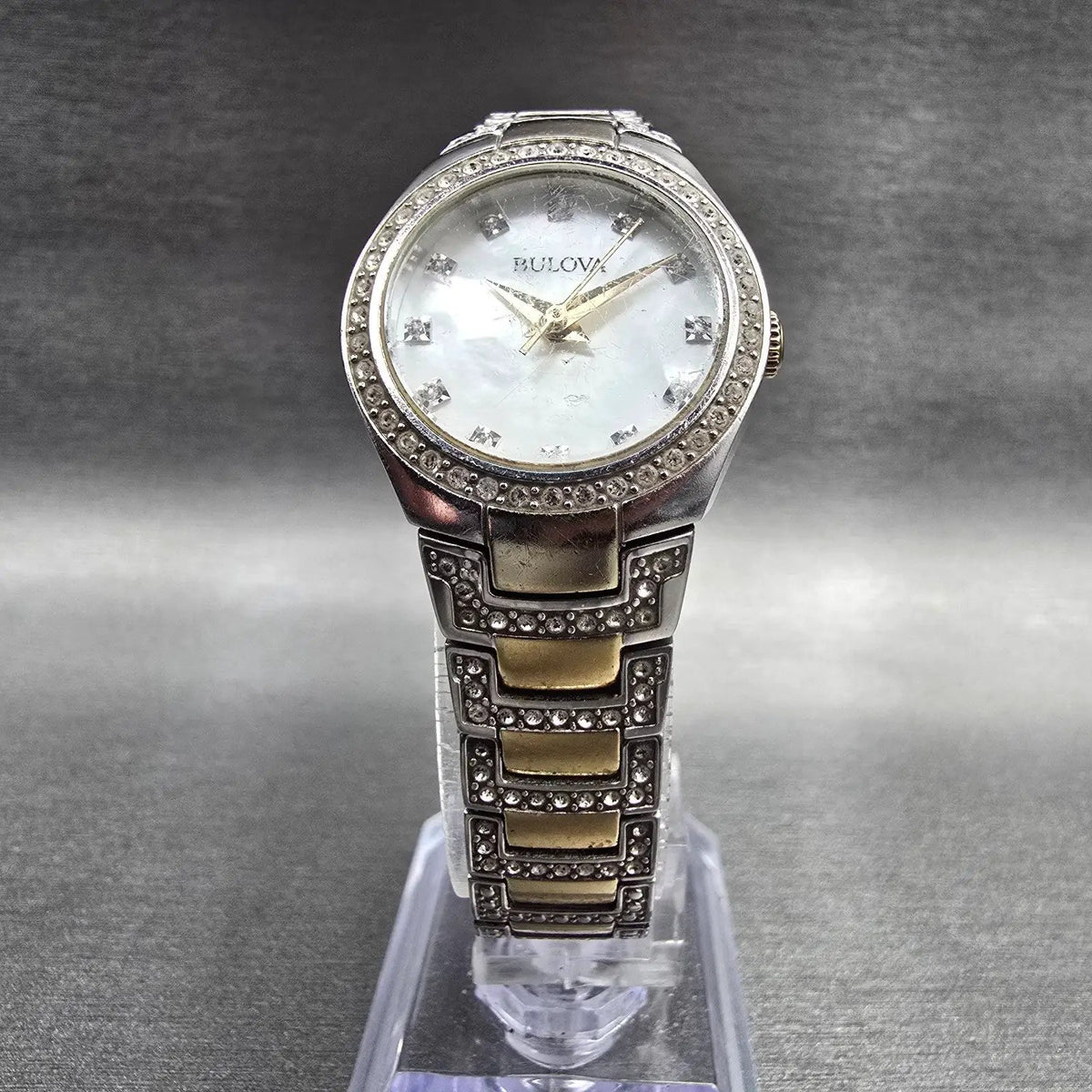 Bulova Watch Women MOP Dial Two Tone Gemmed Round 98L198 New Battery5
