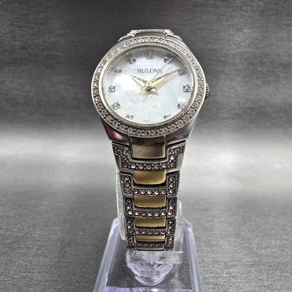 Bulova Watch Women MOP Dial Two Tone Gemmed Round 98L198 New Battery5
