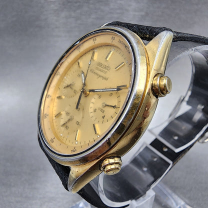 Seiko Chronograph Watch Men 37mm Gold Dial Two Tone 7A287029 Round READ!!!!!2