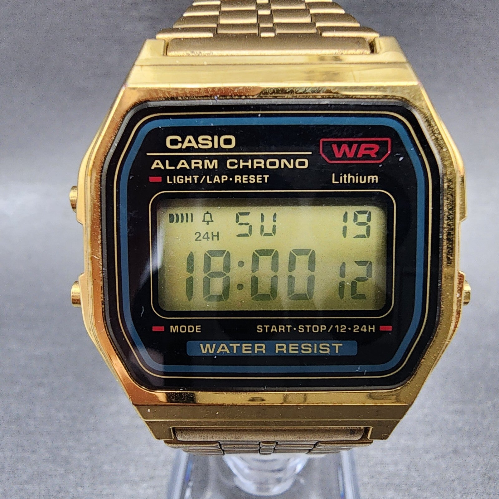 Casio A159 Watch Men 33mm Digital Gold Tone Hexagon Alarm Chrono New Battery1