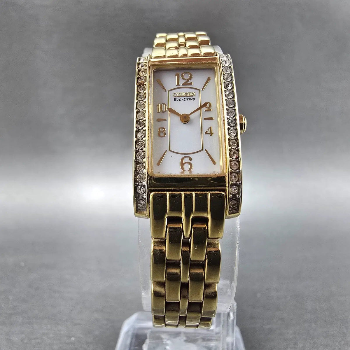 Citizen Eco-Drive Tank Watch Women 14mm White Dial Gold Crystal Bezel Works5