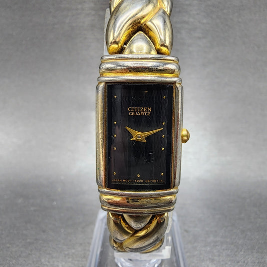 Citizen Tank Watch Women 17mm Black Dial Gold Tone Rectangle New Battery0