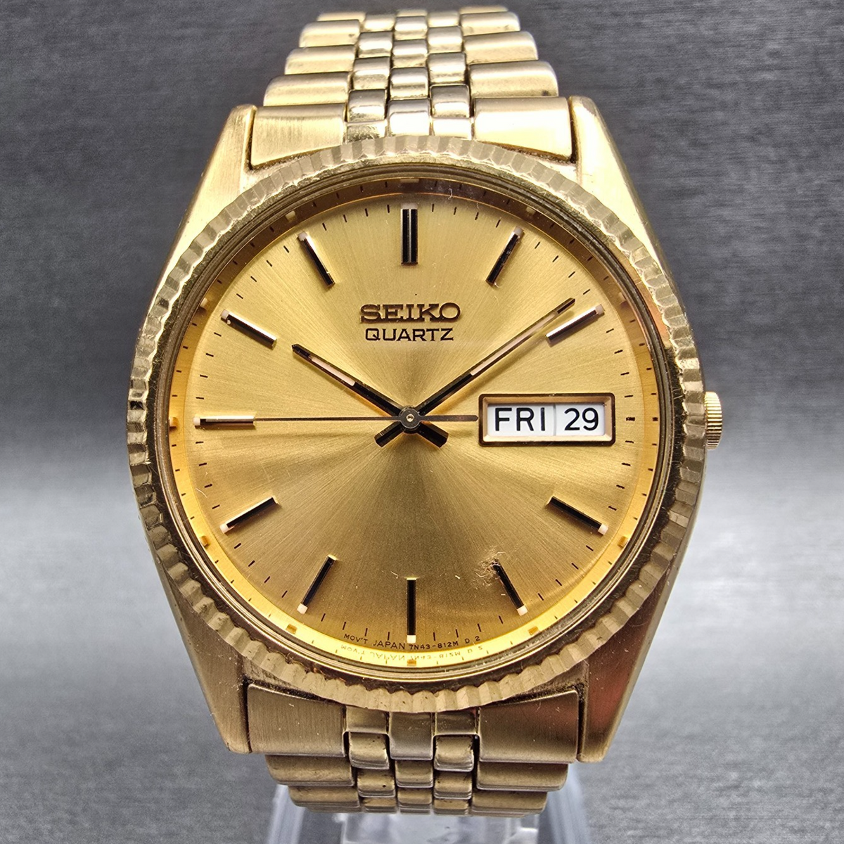 Seiko President Watch Men 36mm Gold Dial Gold Tone Daydate 7N43-8111 New Battery0