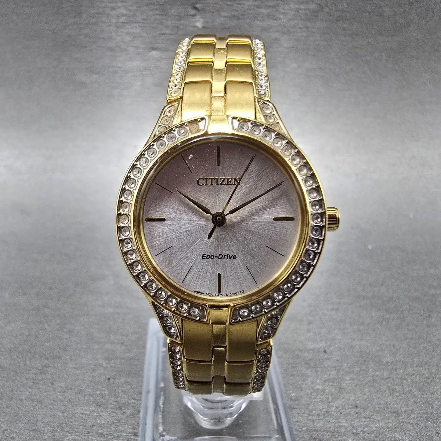 Citizen Eco-Drive Watch Women 28mm Silver Dial Gold Tone Round FE2062-58A Runs0
