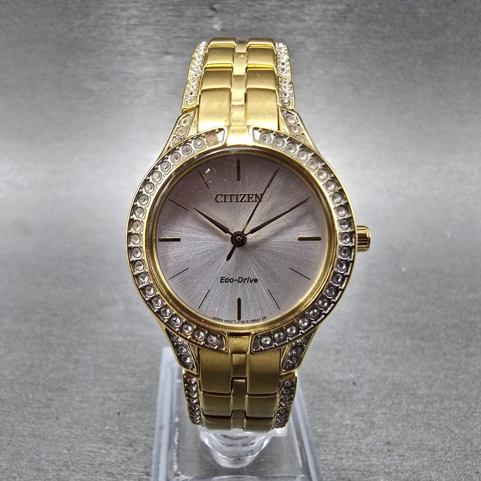 Citizen Eco-Drive Watch Women 28mm Silver Dial Gold Tone Round FE2062-58A Runs0