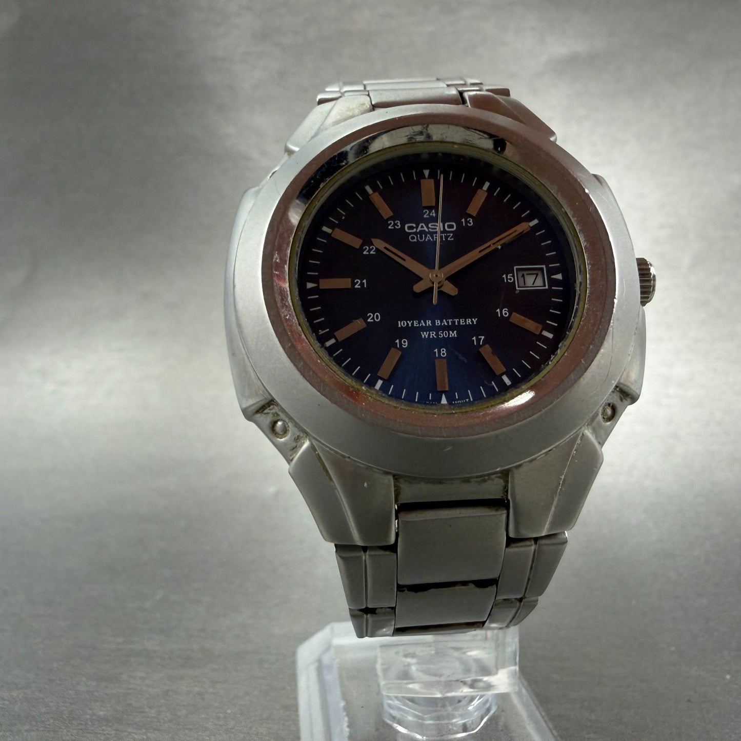 Casio MTP-3050 Watch Men 41mm Blue Dial Silver Tone Date Round New Battery MHY5