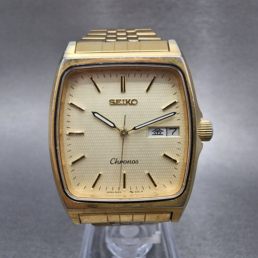 Seiko Chronos Watch Men 30mm Champagne Dial Gold Tone Daydate 5h23-5110 New Batt