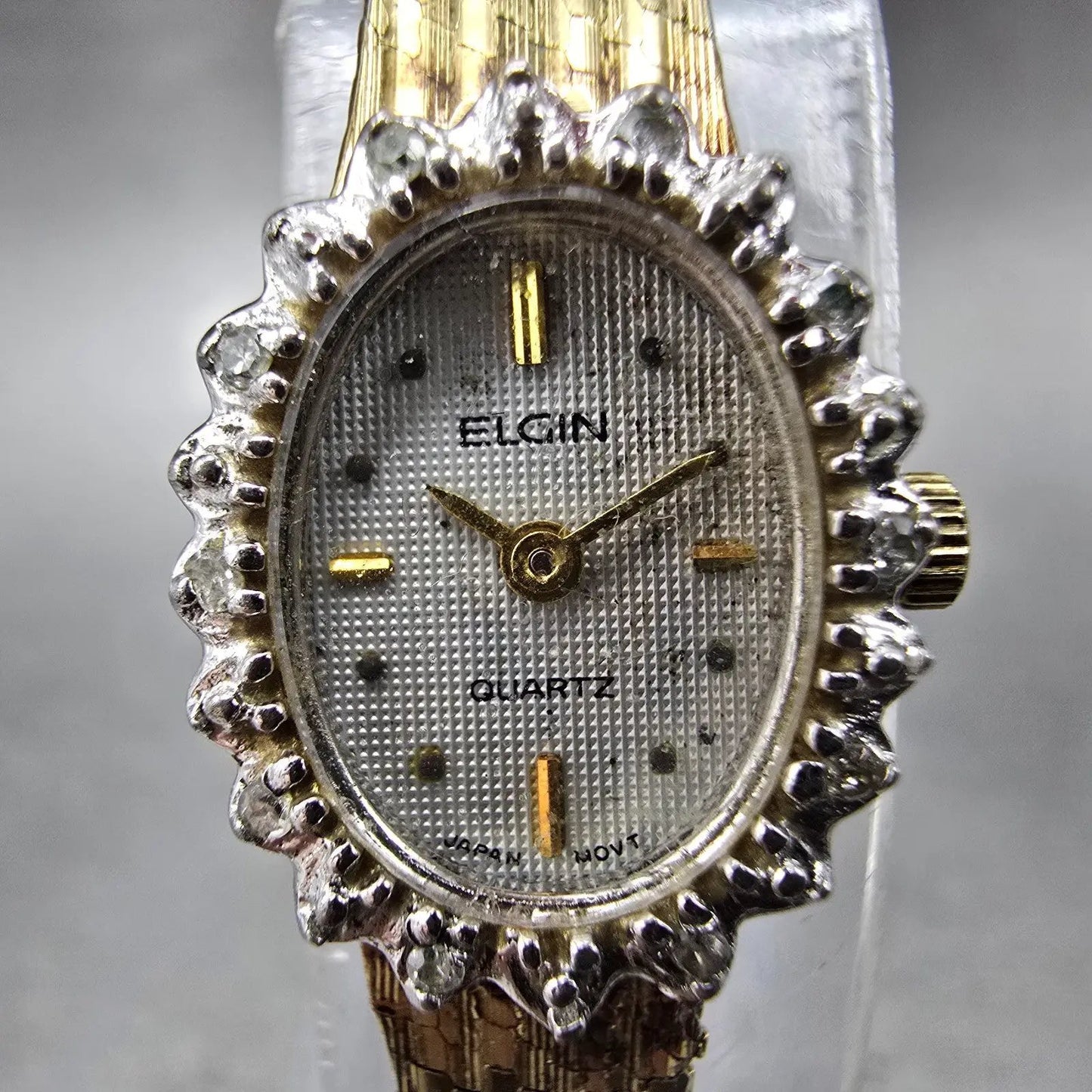 Elgin Watch Women 15mm Silver Dial Gold Tone Oval Crystal Accent New Battery1