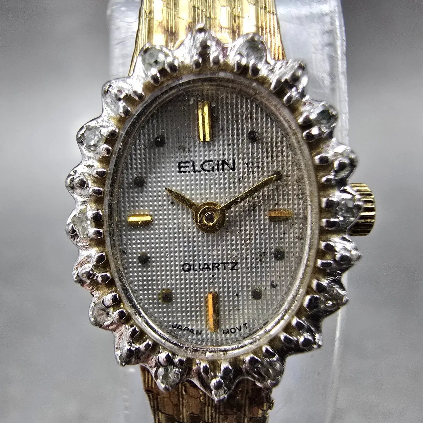 Elgin Watch Women 15mm Silver Dial Gold Tone Oval Crystal Accent New Battery1