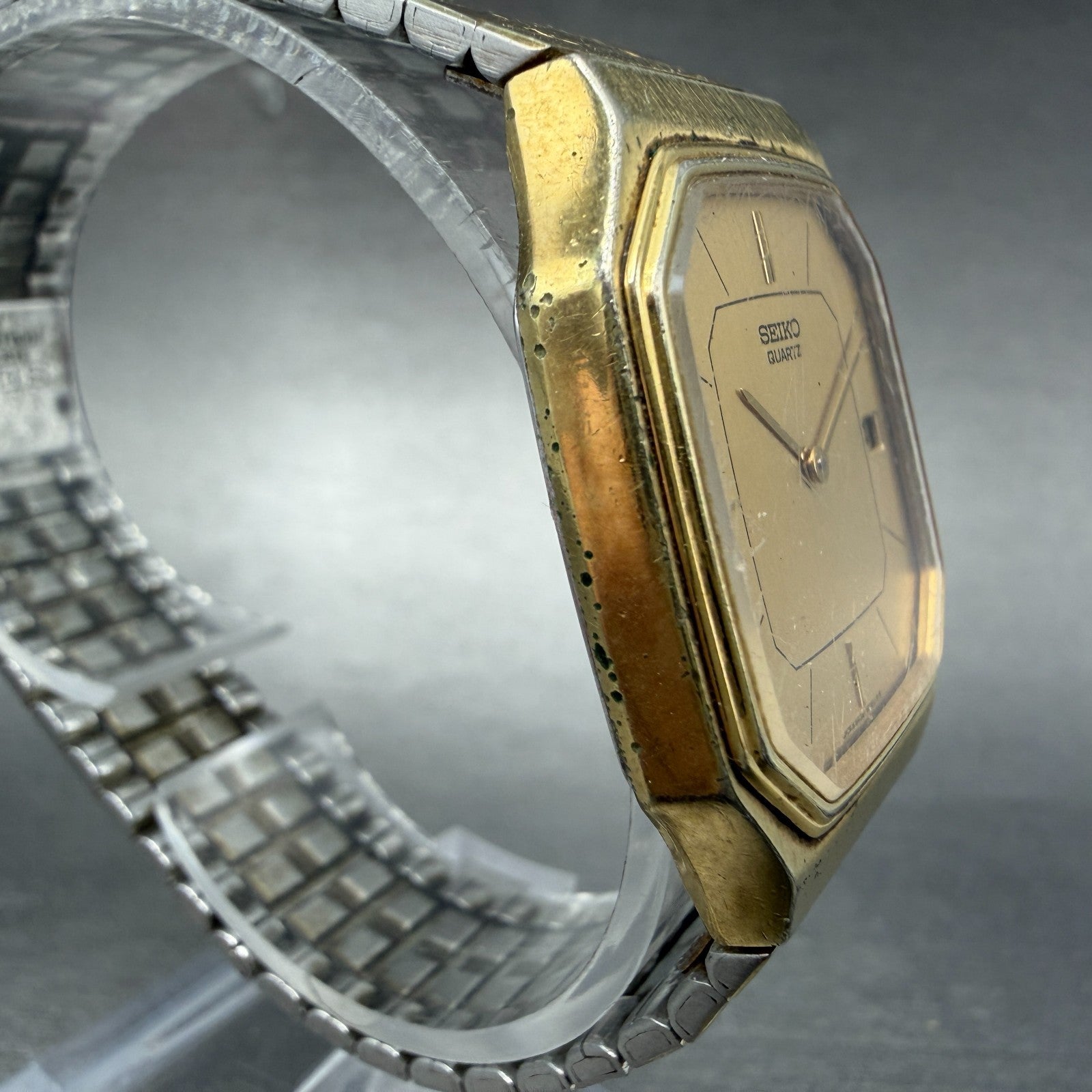 Seiko Tank Watch Men 29mm Champagne Dial Gold Tone Date Octagon 6439-5039 PARTS4