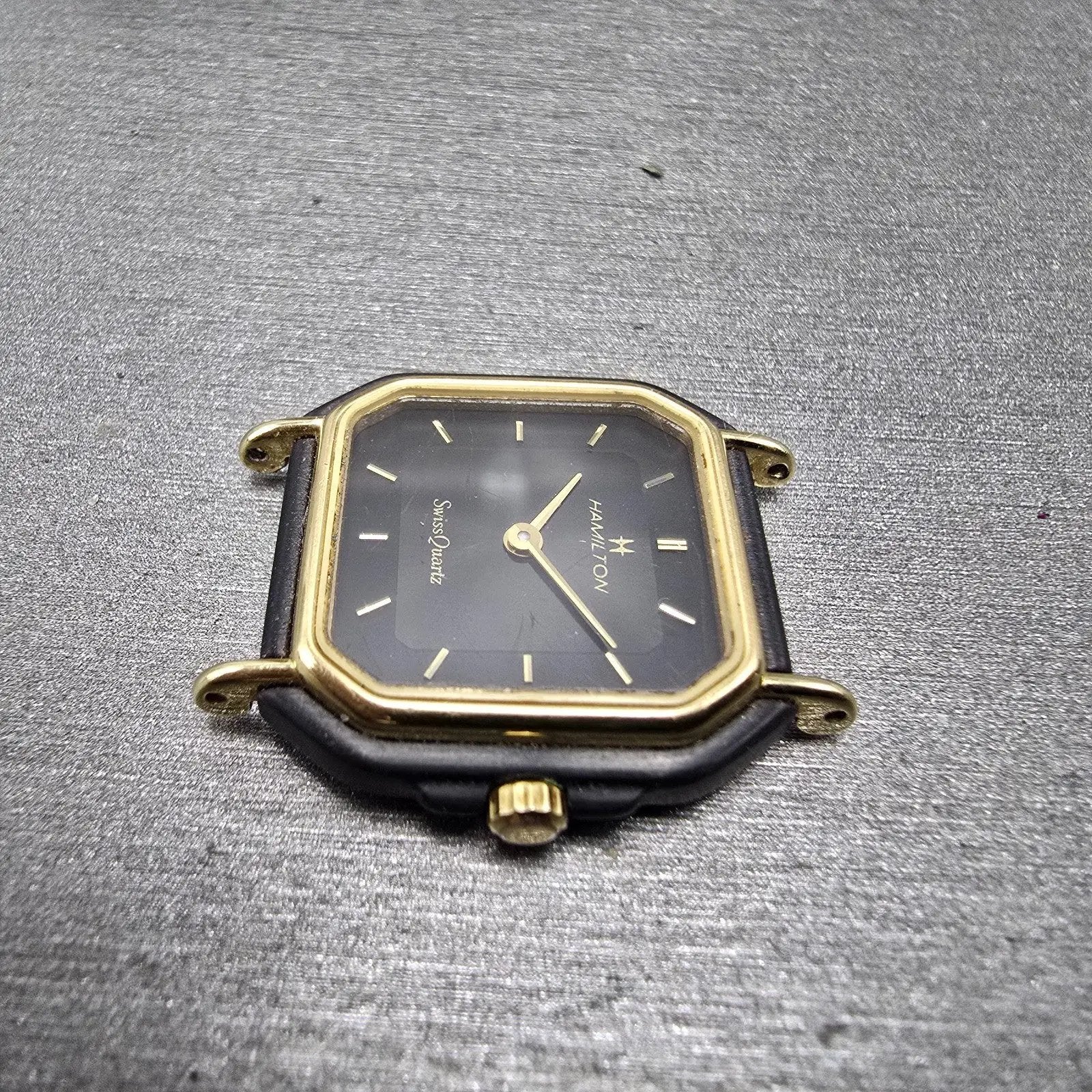 Hamilton Watch Women 22mm Black Dial Black Gold Tone Octagon VTG PARTS6