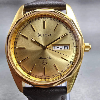 Bulova Marine Star Watch Men 34mm Gold Dial Gold Tone Daydate 92D25 New Battery1