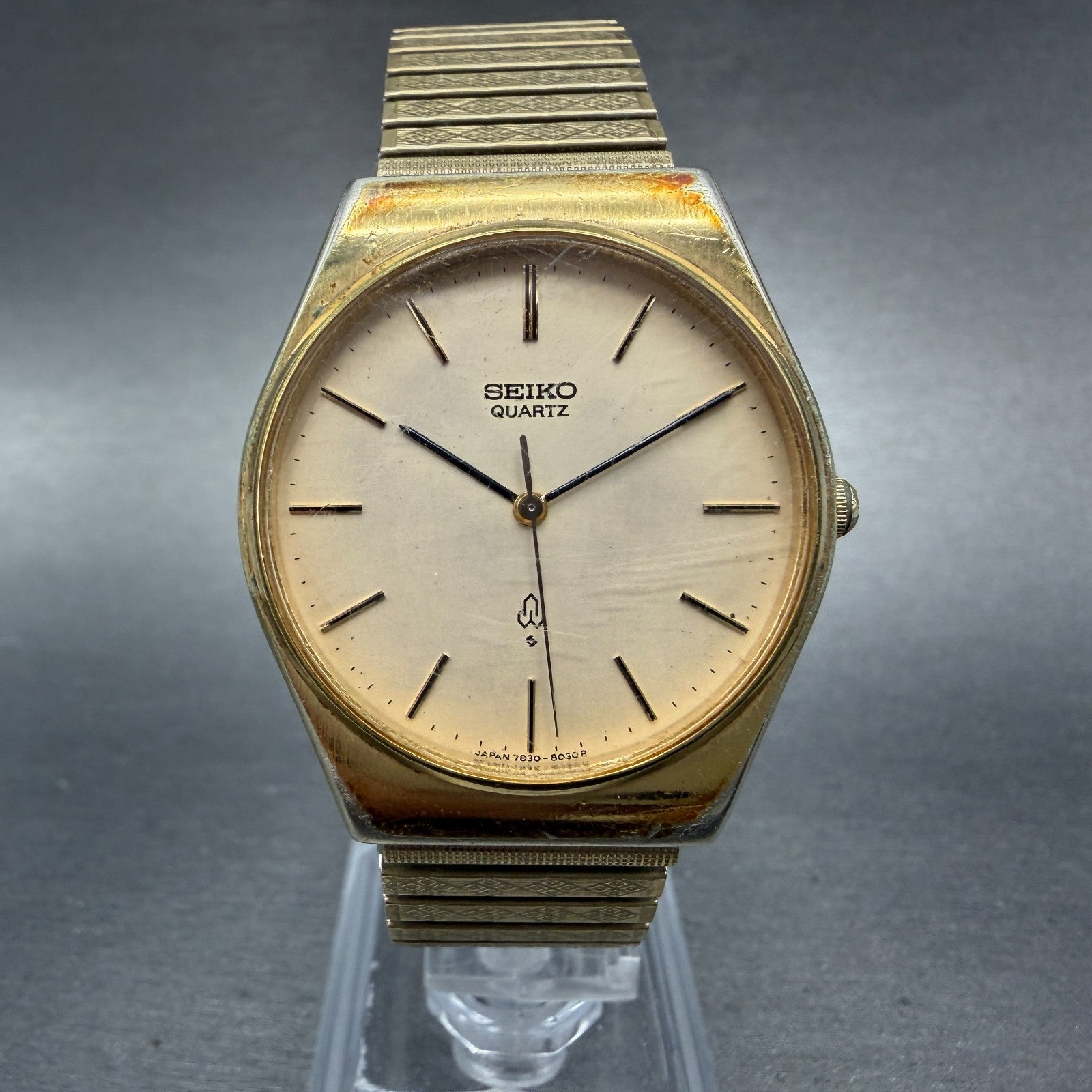 Seiko Watch Men 32mm Champagne Dial Gold Tone Round 7830-8020 New Battery VTG0