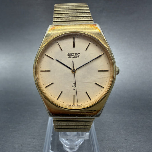 Seiko Watch Men 32mm Champagne Dial Gold Tone Round 7830-8020 New Battery VTG0