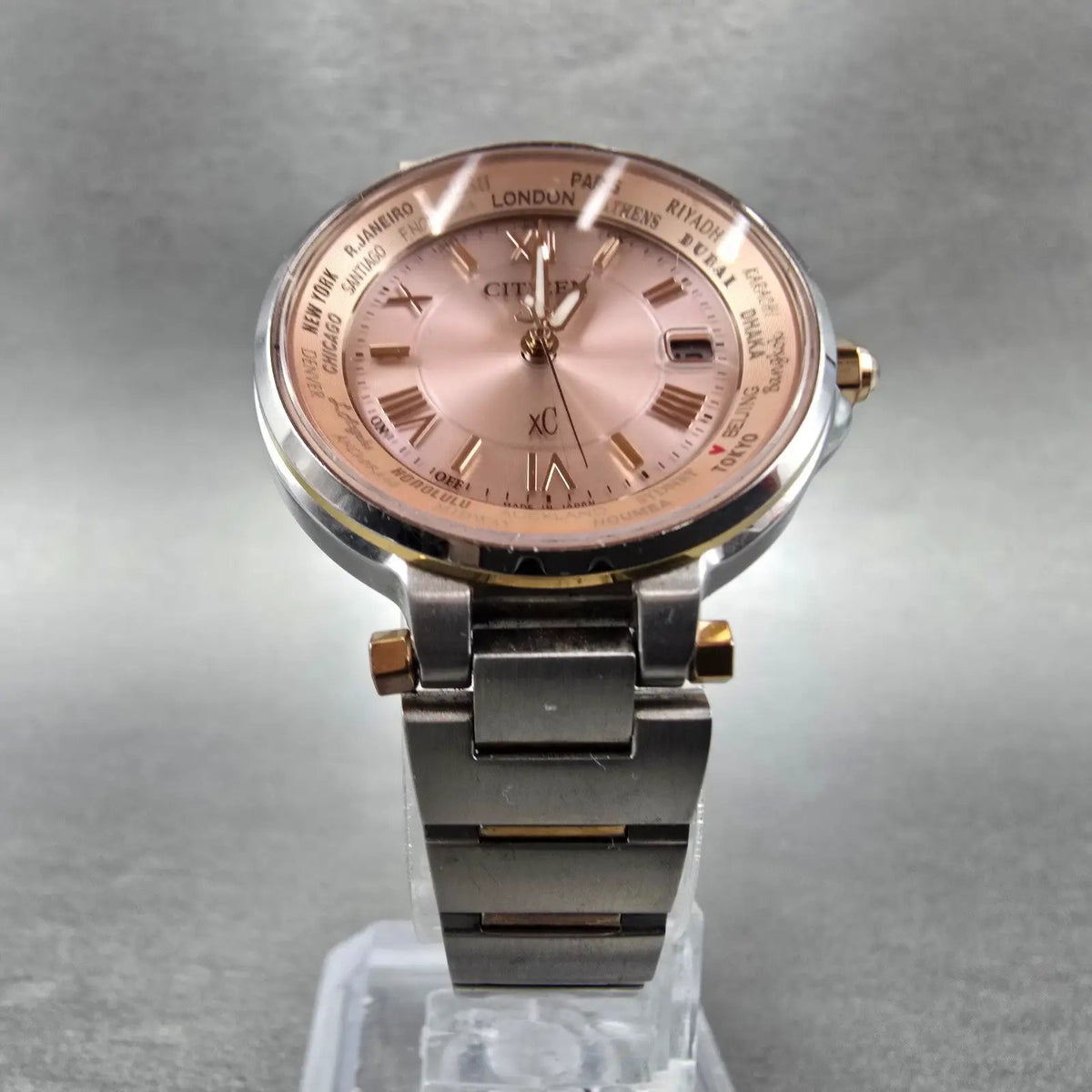 Citizen XC Watch Women 29mm Pink Dial Two Tone Date Atomic Solar Round PARTS6