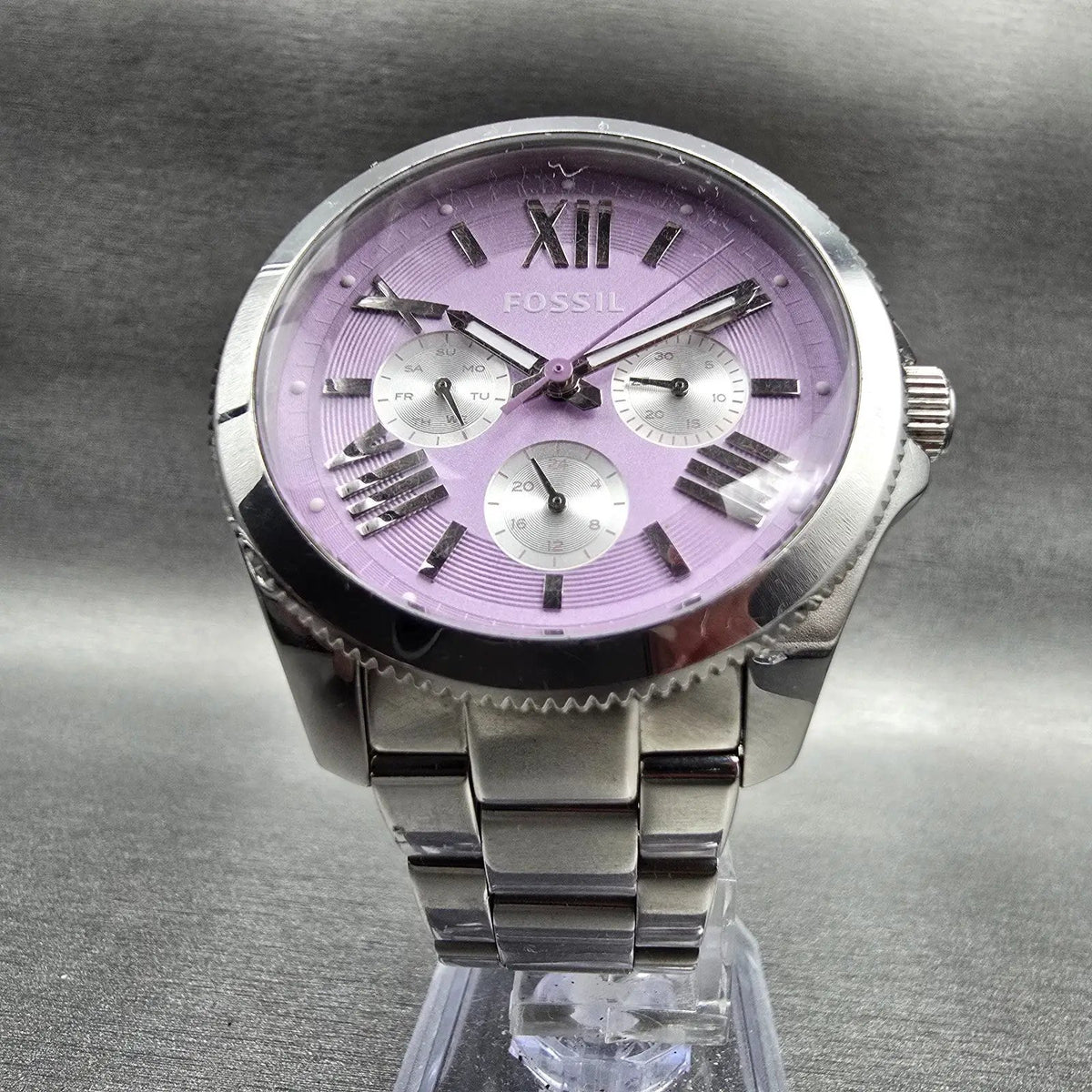 Fossil Cecile Watch Women 40mm Purple Dial Silver Tone Daydate AM4555 New Batt5