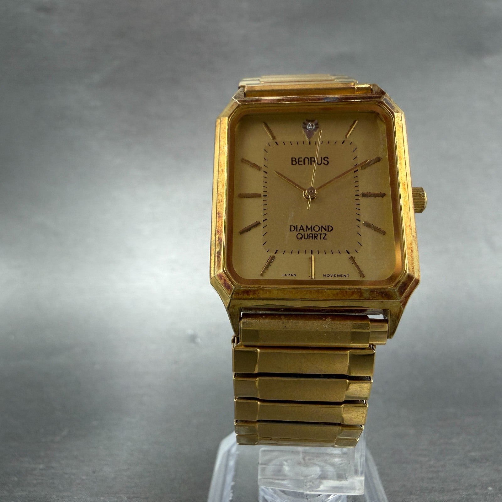 Benrus Tank Watch Men 26mm Gold Dial Gold Tone Octagon New Battery VTG5