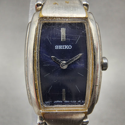 VTG Seiko Watch Women 16mm Blue Dial Silver Tone Rectangle 1N00-0GA0 New Battery