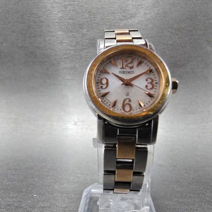 Seiko Lukia Solar Watch Women 22mm White Dial Two Tone Round V111-0BJ0 Runs JP5