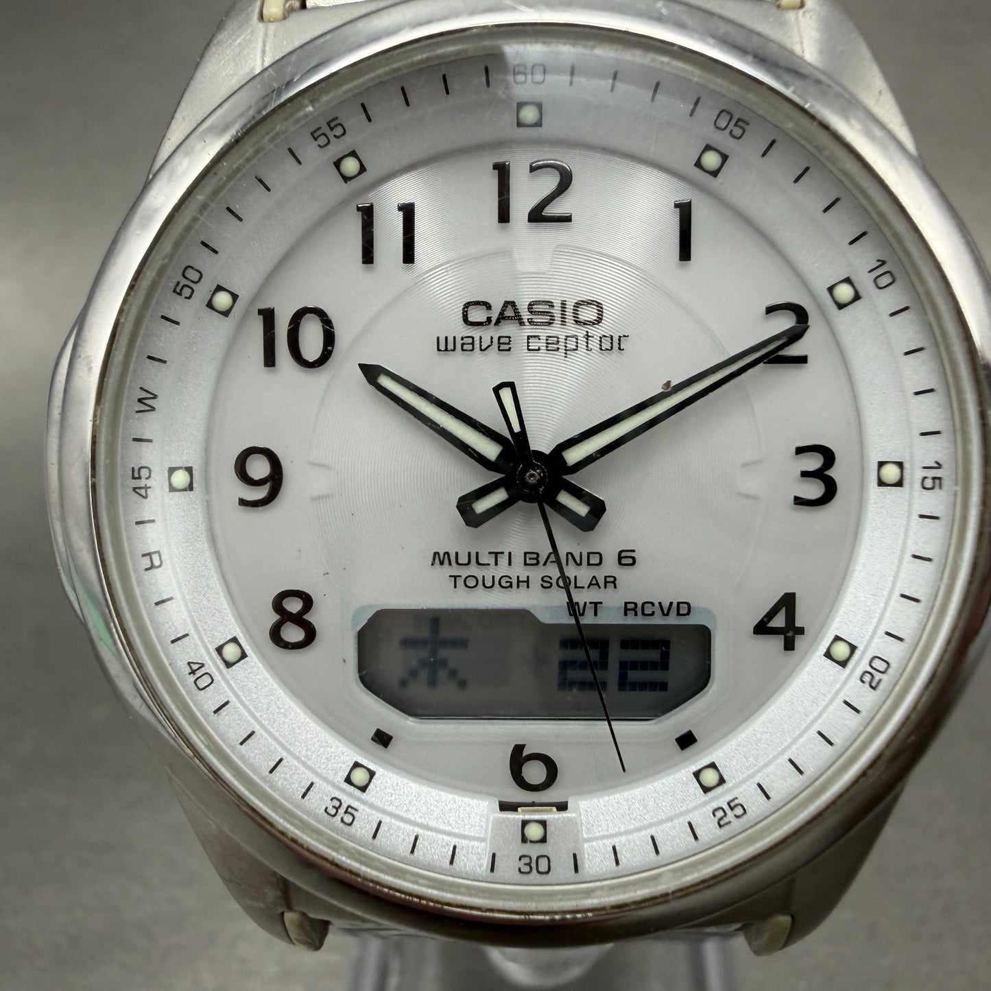 Casio Wave Ceptor Watch Men 42mm White Dial Steel Solar Analog Digital Works ABC1