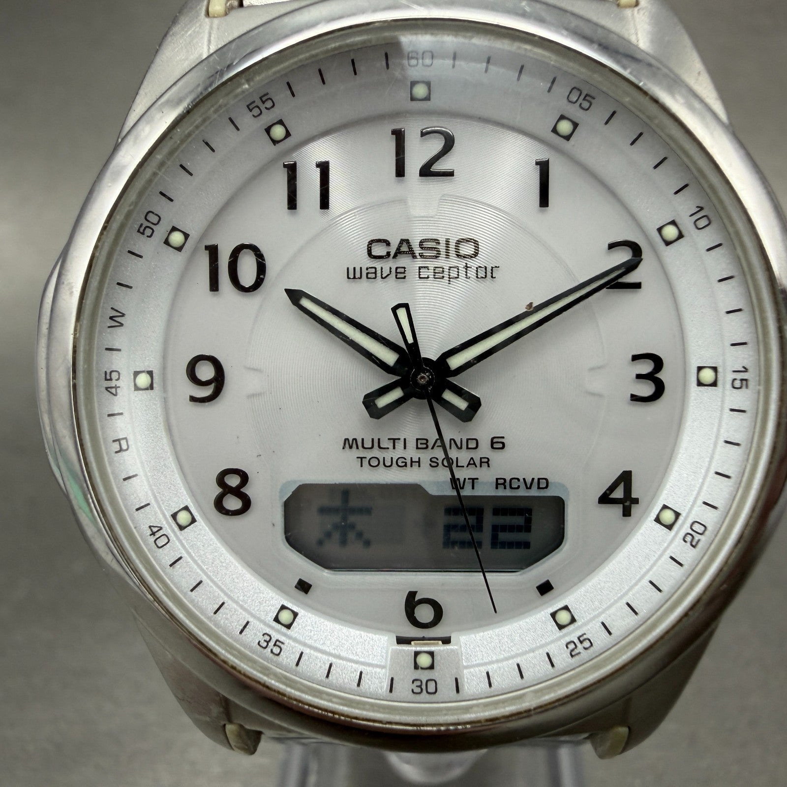 Casio Wave Ceptor Watch Men 42mm White Dial Steel Solar Analog Digital Works ABC1