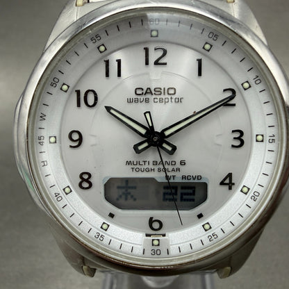 Casio Wave Ceptor Watch Men 42mm White Dial Steel Solar Analog Digital Works ABC1
