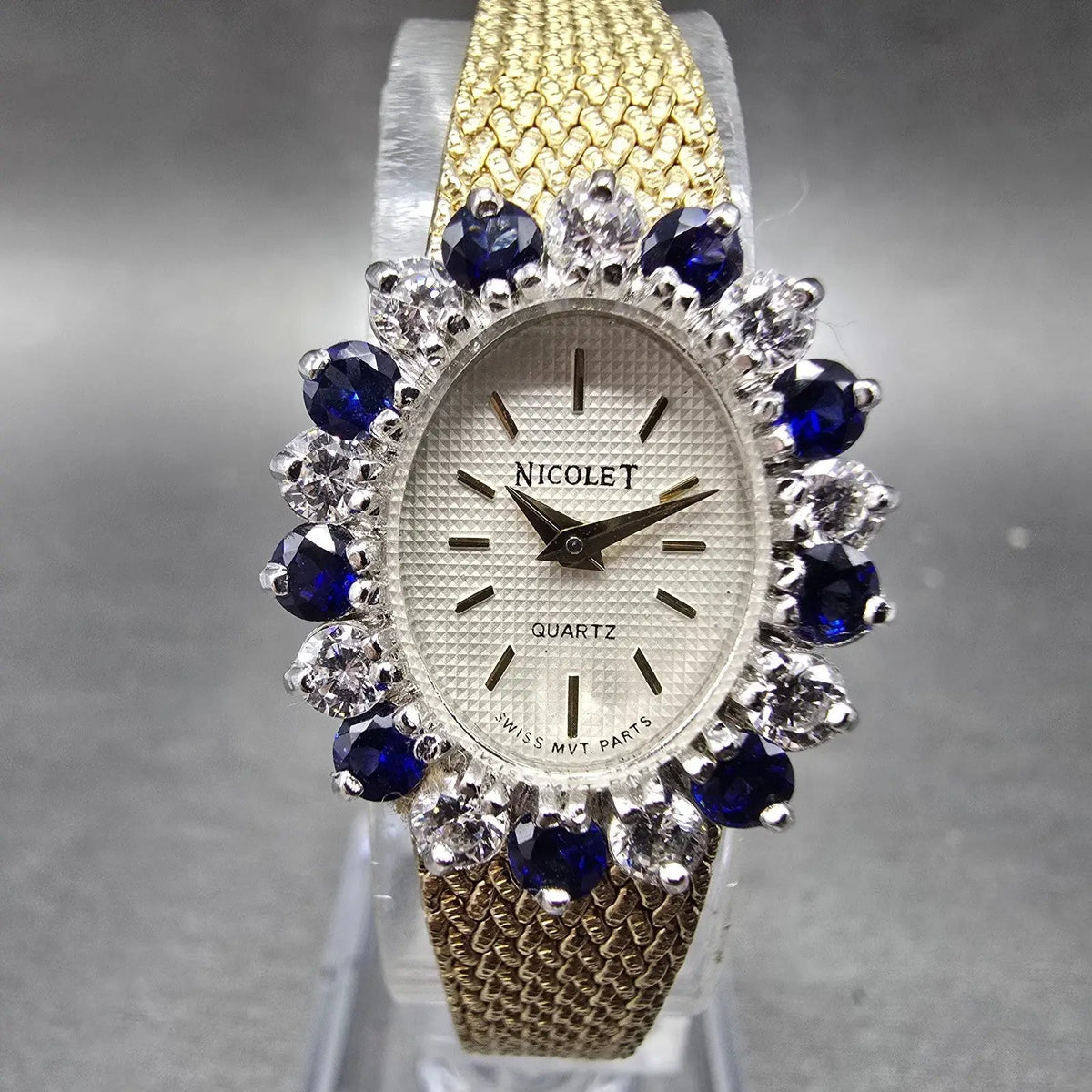 Nicolet Watch Women16mm White Dial Gold Tone Blue Sapphire Oval Mesh Band PARTS0