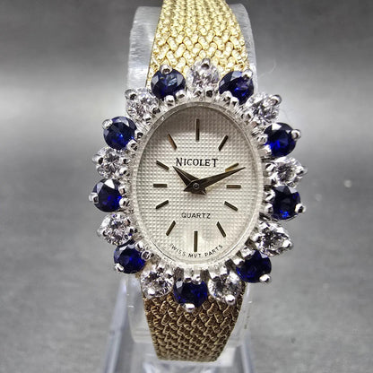 Nicolet Watch Women16mm White Dial Gold Tone Blue Sapphire Oval Mesh Band PARTS0