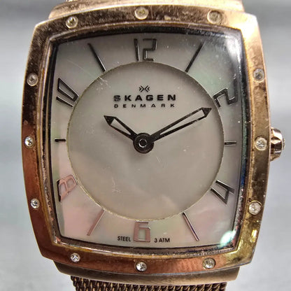 Skagen Denmark Watch Women 24mm MOP Dial Gold Tone Rectangle 396XSRR New Battery1