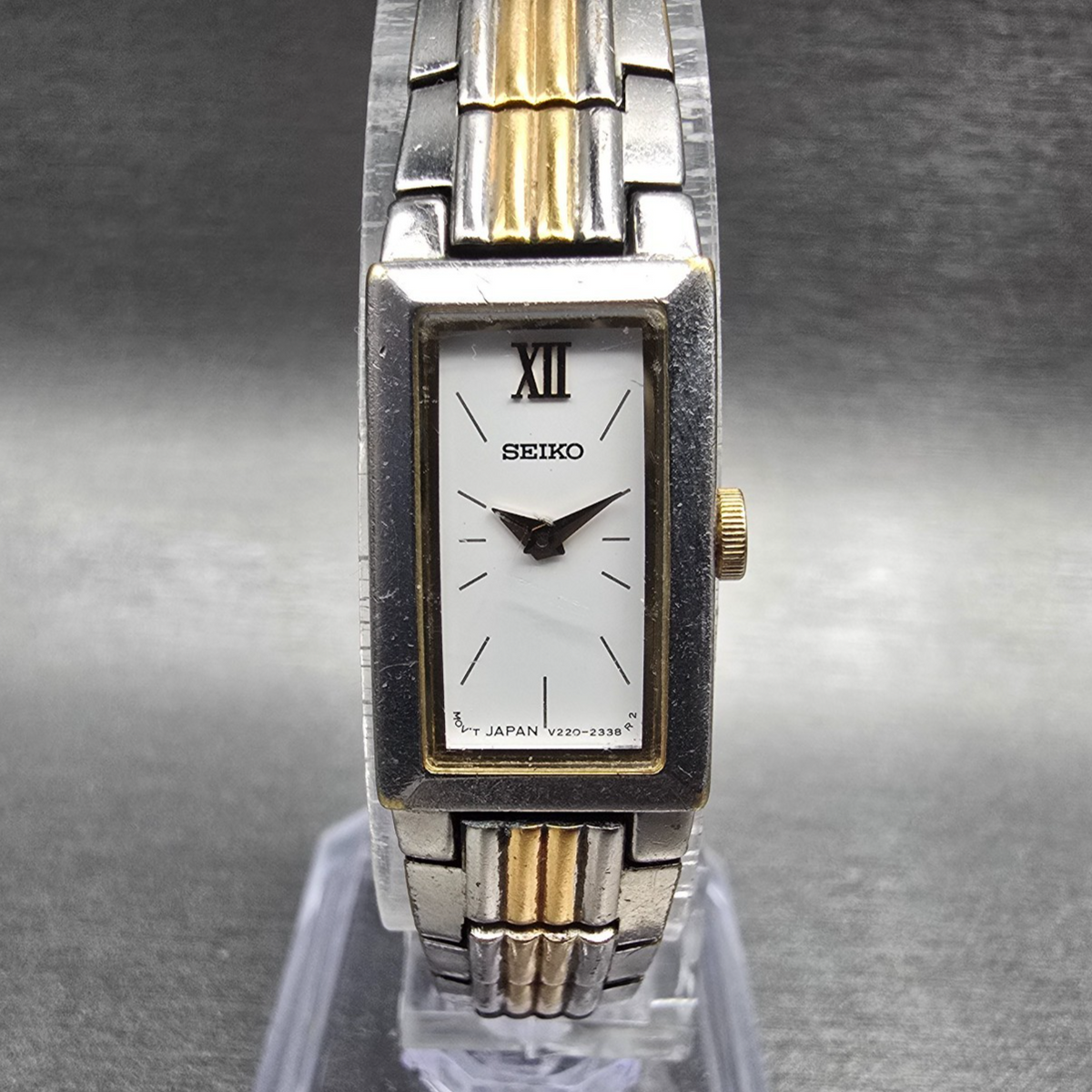 Seiko Watch Women 13mm White Dial Two Tone Rectangle V220-6769 New Battery0